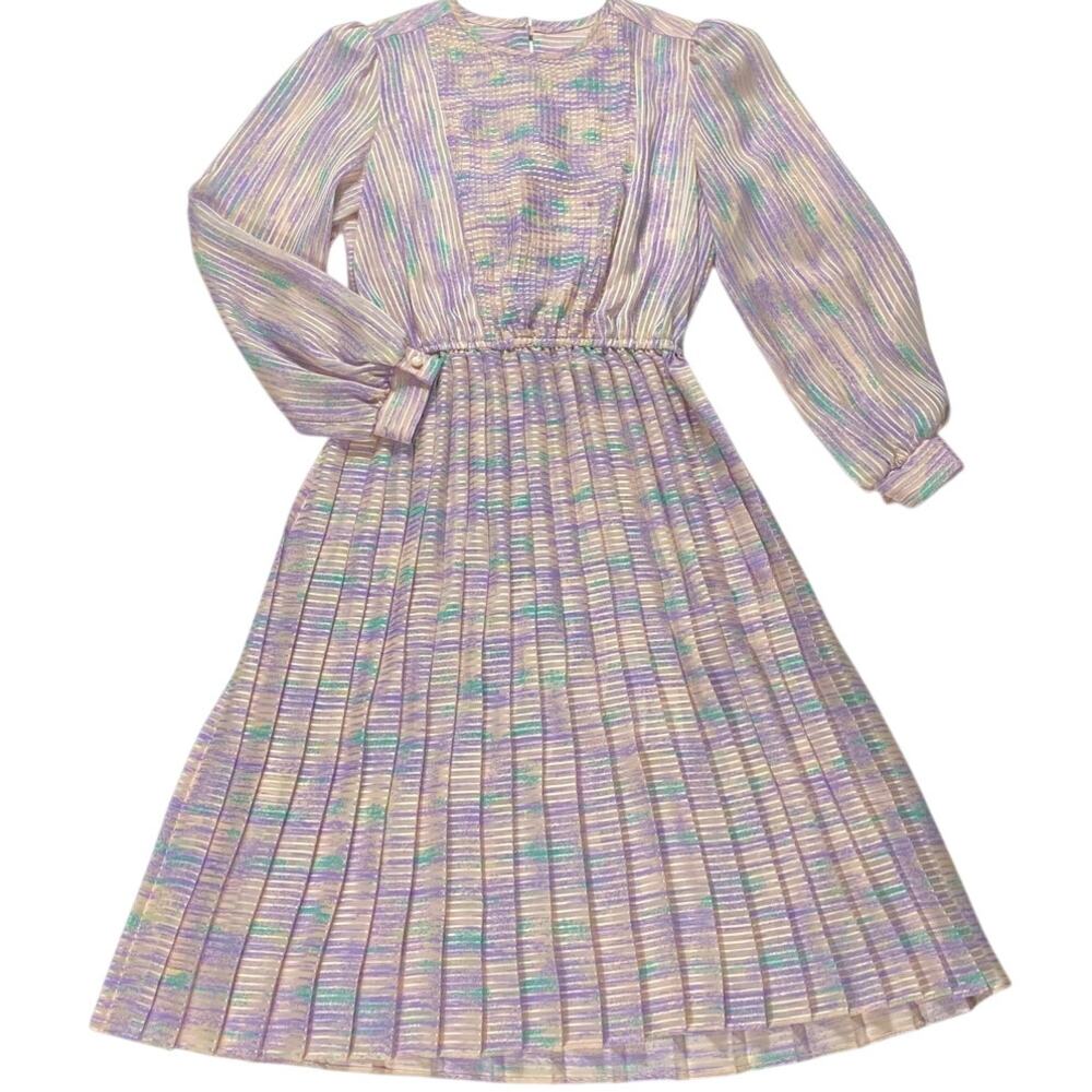 Vintage Watercolor Pastel Micro Pleat Midi Dress Marinette Size 10 Peasant Fairy